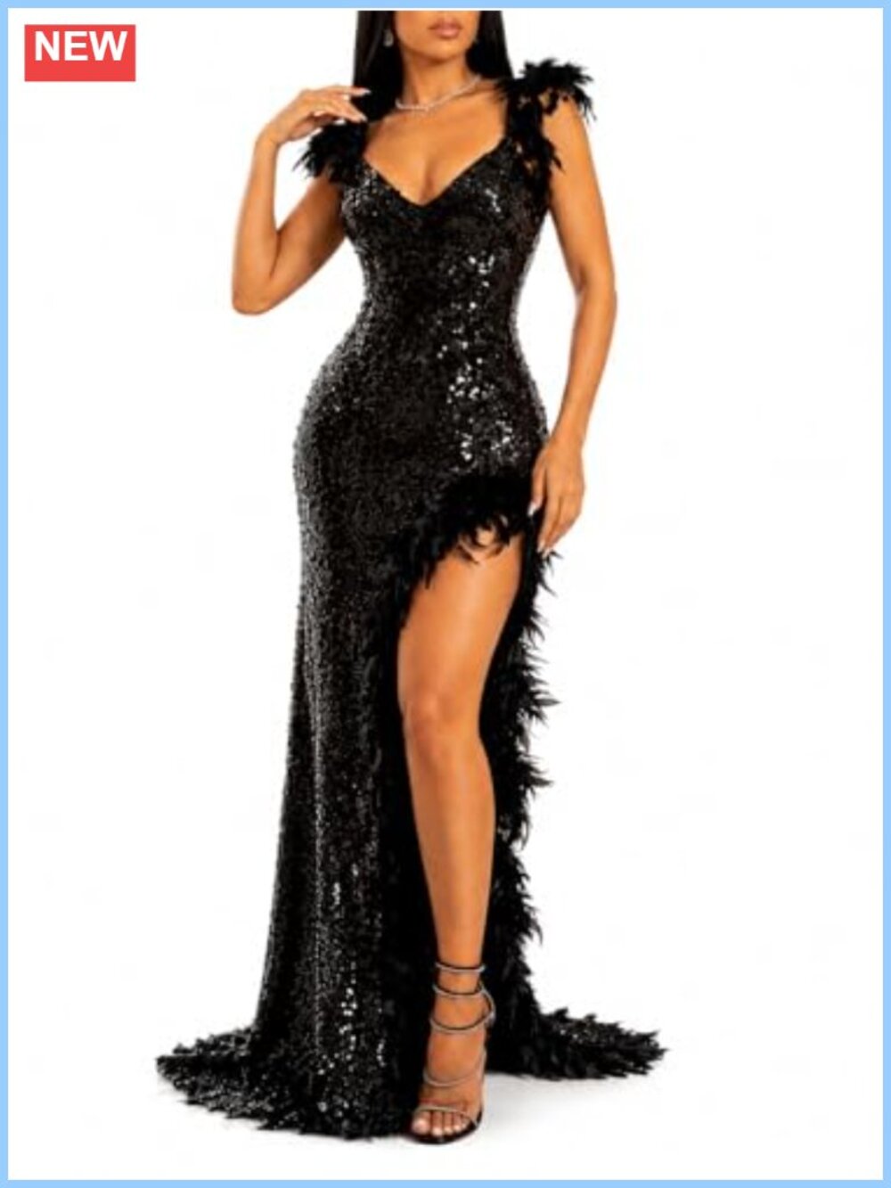 Sequin Formal Prom Dress Feather High Slit Evening Gown